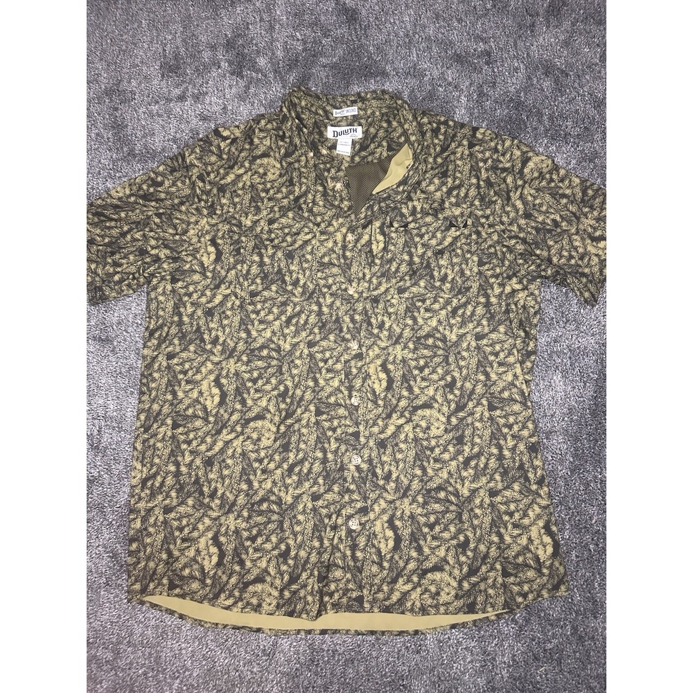 Duluth Trading Untucked Shirt Mens XL Tall Black Gold All Over Print Button Up